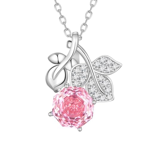 Birthstone Rose Pendant Necklace - 925 Sterling Silver Rose Cut October Tourmaline Cubic Zirconia Flower Leaf Necklace Anniversary Birthday Jewelry Gift for Women Wife Mom Daughter DP0389O - Image 1