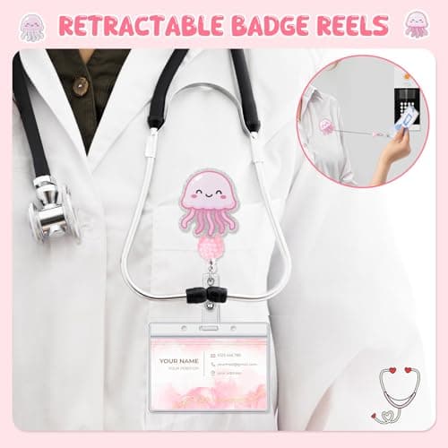 2 Pack Badge Reel Retractable Nurse Gifts Cute Jellyfish Badge Reels with Alligator Clip ID Card Holder for Teacher Office Work Student - Thumbnail 5