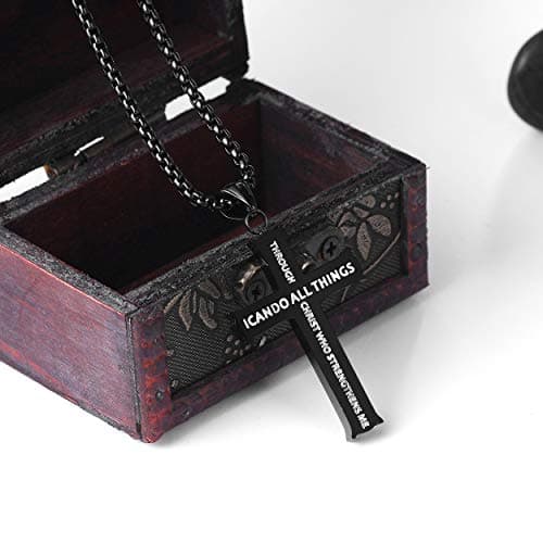 Rehoboth Stainless Steel Bible Verse Cross Pendant Necklaces for Men Women Philippians 4:13 Strength Bible Verse I CAN DO ALL THINGS 24 Chain Inch Black - Thumbnail 2