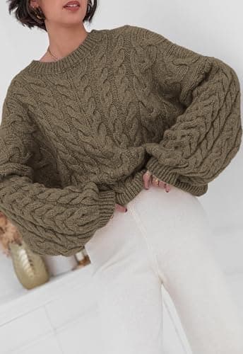 PRETTYGARDEN Womens Sweaters Spring 2026 Cable Knit Long Sleeve Crewneck Oversized Sweater Chunky Pullover Loose Outfits (Brown Coffee, Small) - Thumbnail 2
