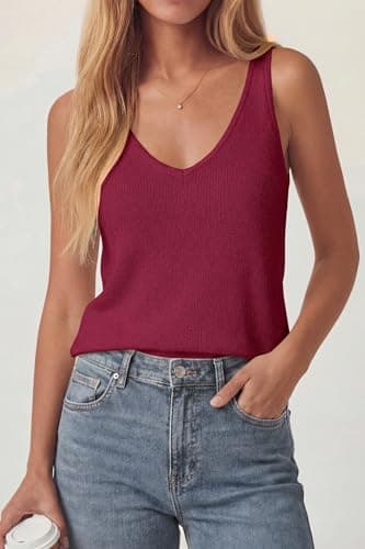 PRETTYGARDEN Women Summer Tank Tops 2026 Basic Sleeveless V Neck Lightweight Knit Beach Vacation Clothes Going Out Top(Burgundy,XX-Large) - Thumbnail 5
