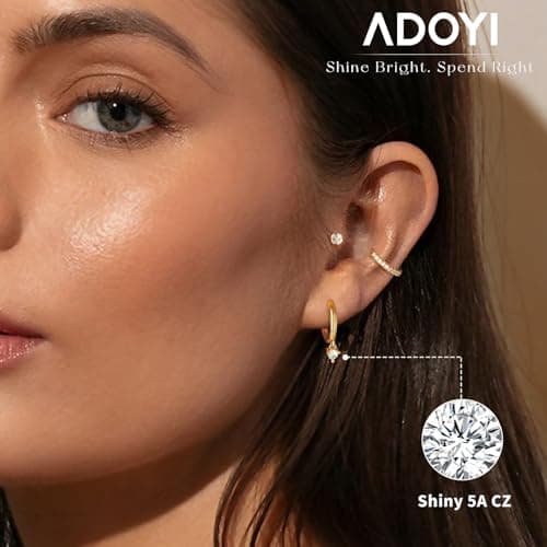 adoyi Gold Hoop Earrings for Women Surgical Steel Earrings Flat Back Studs Small Hoops for Sensitive Ears Hypoallergenic 14K Gold Plated Cartilage Earring for Lightweight Jewelry Gifts - Thumbnail 2