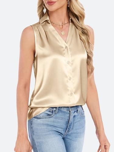 Funlingo Satin Shirts for Women Silk Sleeveless Button Down Blouse 2026 Fashion Collared V Neck Tops Loose Fit Elegant Summer Clothes Beige L - Thumbnail 4