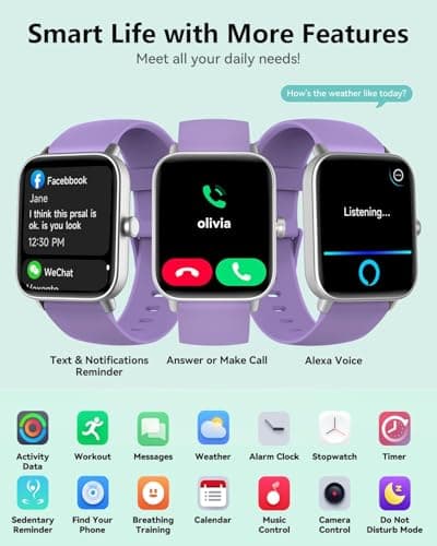 Smart Watches for Women/Men, Smart Watch for Android Phones and iPhone Compatible, Alexa Built-in, 1.8" Fitness Watches for Women, IP68 Waterproof /Bluetooth Call, Heart Rate/Sleep Monitor, Purple - Thumbnail 5