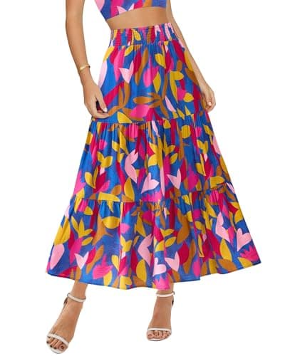 BTFBM Skirts for Women Summer 2026 Floral Print A Line Elastic High Waist Boho Maxi Skirt Spring Fashion Clothing Pocket(Floral Blue, Small) - Image 1