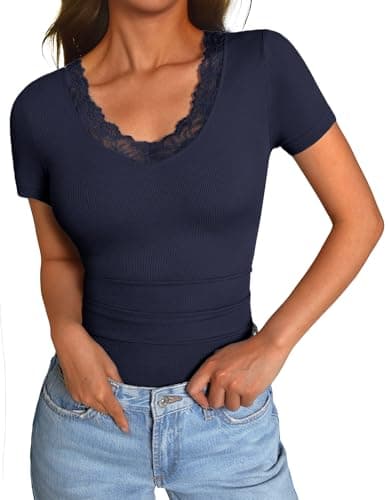 GKBK Womens Tops Short Sleeve V Neck T Shirts Ribbed Lace Going Out Casual Tops Slim Fitted Tight Shirts Basic Tee Spring Summer Fashion Outfits 2026 Trendy Navy Blue - Image 1