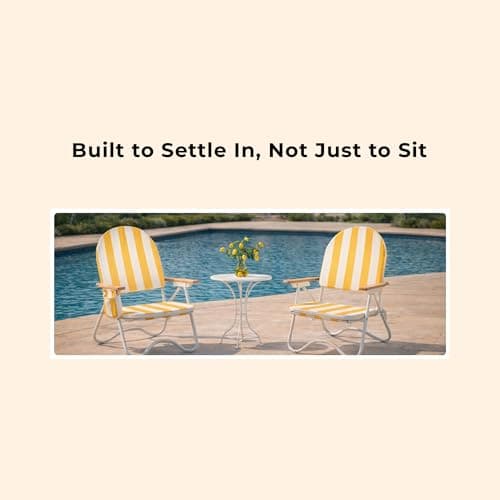 DEER LAND Padded Low Beach Chair, 4-Position Folding Outdoor Chair with Wooden Armrests, Cushioned Seat, Storage Pouch & Carry Strap for Beach, Patio and Lawn, Cala Serena Ochre Stripe - Thumbnail 4