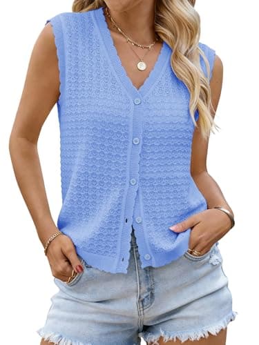 Bellcoco Womens Sleeveless V Neck Sweater Vest Crochet Knit Summer Tops Button Down Spring Cardigan Casual Outfits 2026 Light Blue XL - Image 1