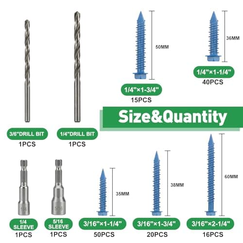 FOLIV 145PCS Concrete Screws with Drill Bit and Hex Bit Socket, Blue Hex Washer Head Concrete Screws Anchor Kit for Masonry, Cement, Block, Brick or Stucco - Thumbnail 3