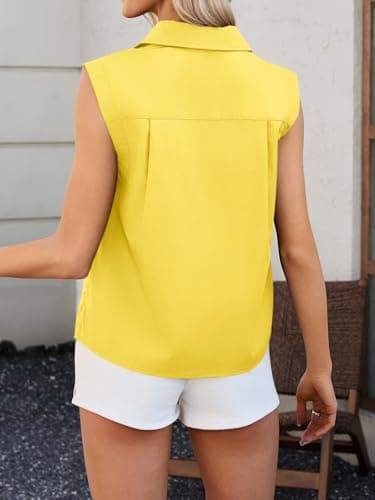 Tankaneo Womens Summer V Neck Tank Tops Collared Sleeveless Shirts Trendy Casual Loose Fit Blouse Yellow - Thumbnail 2