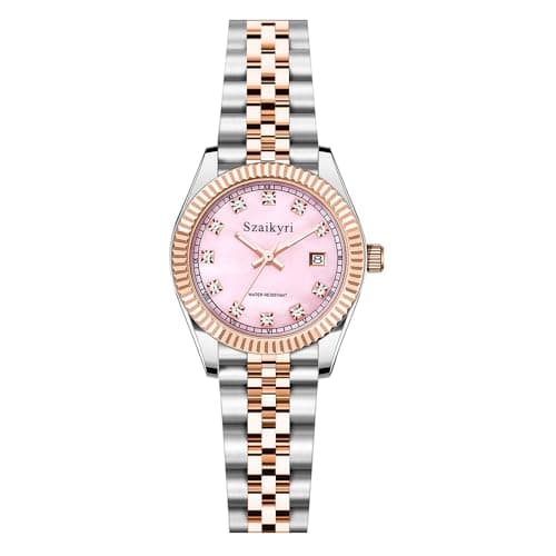 Szaikyri Classic Watch for Women with Solid Stainless Steel Band Ladies Dress Watch Womens Calendar Watch (Rosegold Pink) - Image 1