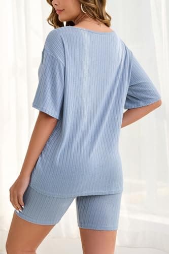 Molirex Womens Pajama Sets Shorts Summer Off Shoulder 3/4 Sleeve Biker Set 2 Piece Sweatsuits Ribbed Knit Matching Outfits Blue 2XL - Thumbnail 3