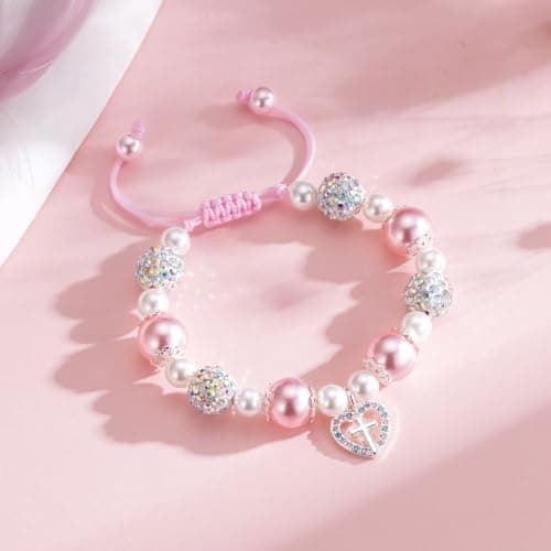 Esrial Graduation Gifts Cross Bracelet Adjustable Pink Pearl Heart Beaded Cross Bracelet Graduation Gifts for Daughter Granddaughter Niece - Thumbnail 4
