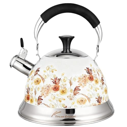 Tinlon Enamel Tea Kettle, 3.1QT Floral Whistling Tea Kettle for Stovetop