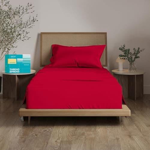 THREAD SPREAD 100% Egyptian Cotton Sheets Twin XL Size Bed Set - 3 PC 800 Series Euphoria Collection Egyptian Cotton Twin XL Sheet Set (Red) Soft, Cooling, 16" Deep Pocket Hotel Bedsheet - Image 1