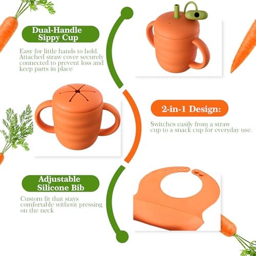 COZY ROCK Silicone Baby Feeding Set, Carrot Design BLW Toddler Feeding Set with Suction Plate & Bowl, Bib, Fork & Spoon, 2-in-1 Straw and Snack Cup, BPA-Free Baby Tableware for Starting Solids - Thumbnail 5