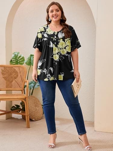 AusLook Plus Size Floral Tunic Tops for Women Pleated Babydoll Blouse Short Sleeve Round Neck Loose Fit Casual Flowy Black Golden Floral 2X Tunic Shirts Summer Tops to Wear with Leggings - Thumbnail 5