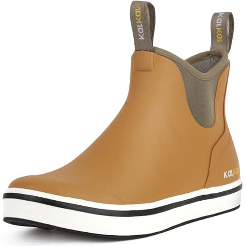Kalkal Men's Deck Boots Anti-Slip Saltwater Fishing Rain Boots with Memory Foam, Waterproof Rubber Ankle Work Boots for Sailing (Orange Brown, Size11) - Image 1