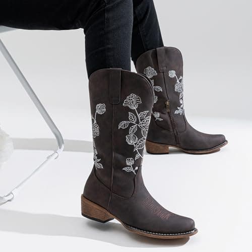 Jeossy Women's Whisky Western Cowboy Boots Mid Calf Embroidery Flower Cowgirl Boots with Low Heel Side Zipper 9807 Comfy Round Toe Country Music Festival Music Rodeo, Size 7(DJY9807 Whisky 07) - Thumbnail 3