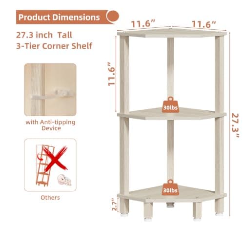 YUFAM 3-Tier Corner Shelf with Sturdy 5-Leg Base, 29in Tall Narrow Bookcase for Small Spaces, Wooden Plant Display Shelf, Thin Bookshelf for Living Room, Bedroom, Office, Grey White - Thumbnail 3