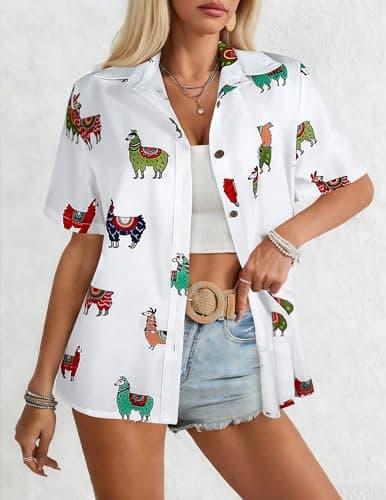 LILYCHIC Womens Short Sleeve Hawaiian Shirts V Neck Cowgirl Tshirts Button Down Summer Blouse Hawaiian Beach Outfit - Thumbnail 6