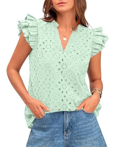 BTFBM Summer Eyelet Tops for Women 2026 Dressy Casual Spring V Neck Ruffle Cap Sleeve Embroidered Blouses Resort Wear(Light Green, X-Small) - Image 1