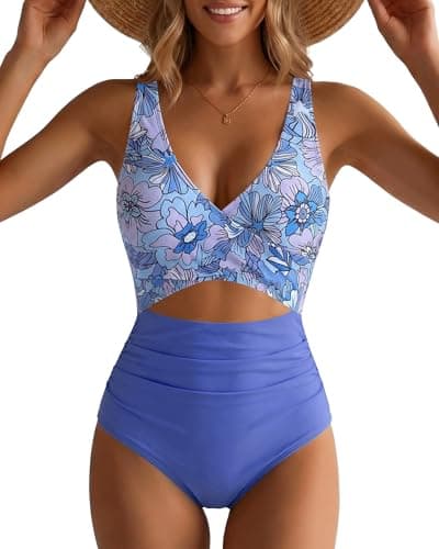 GRAPENT Womens Bathing Suit Cut Out One Piece Swimsuit Women High Waisted Padded Suits for Swim Floral Women's One Piece Swimsuit Women, Ultramarine Blue Floral, S, US Size 4 to 6 - Image 1