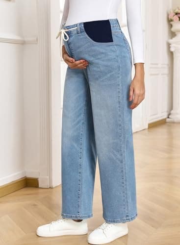 BLENCOT Women's Maternity Jeans High Waisted Stretchy Straight Leg Baggy Drawstring Denim Work Pants Mist Blue X-Large - Thumbnail 2