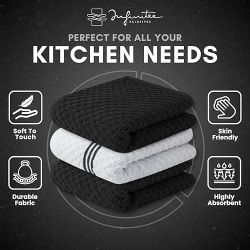 Infinitee Xclusives Premium Kitchen Towels – Pack of 3, 100% Cotton |15 x 25| Inches Absorbent Dish Towels - Terry Kitchen Dishcloth Towels - Black Dish Cloth for Household Cleaning - Thumbnail 5