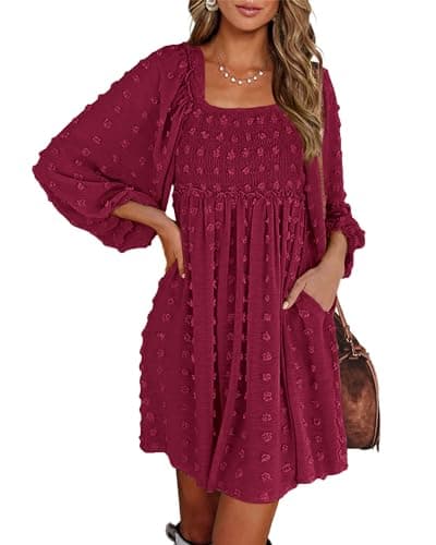 BTFBM Womens Long Sleeve Dress Summer Vacation Square Neck Smocked Floral Mini Boho Spring Wedding Guest Dresses 2026(Swiss Dot Wine Red, XX-Large) - Image 1