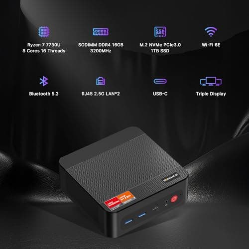 BOSGAME P4 Ultra Mini PC, AMD Ryzen 7 7730U (up to 4.5GHz), 16GB DDR4, 1TB PCIe SSD Mini Desktop Computer, Dual LAN 2.5G & Wi-Fi 6E & BT5.2, 4K Triple Display, for Home, Office, Gaming - Thumbnail 2