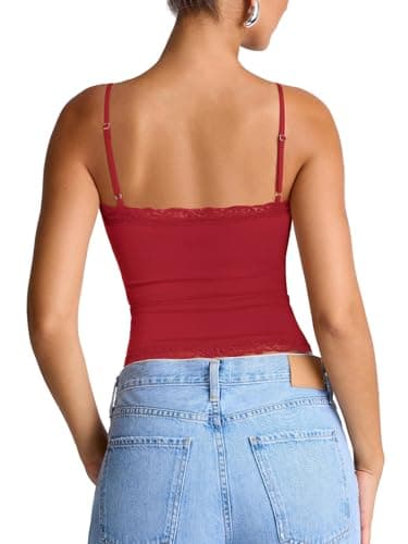 PINKMSTYLE Women Lace Cami Square Neck Tank Tops Y2k Summer Adjustable Spaghetti Strap Camisole Tops Sleeveless Shirts Red Large - Thumbnail 5