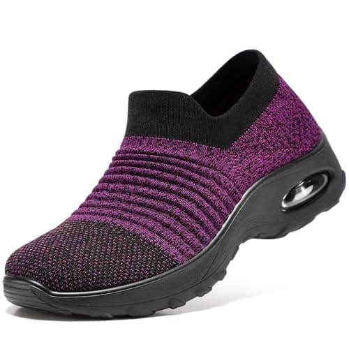 HKR Womens Walking Shoes Arch Support Slip On Sneakers Comfortable Lightweight for Plantar Fasciitis Black Purple Size 6