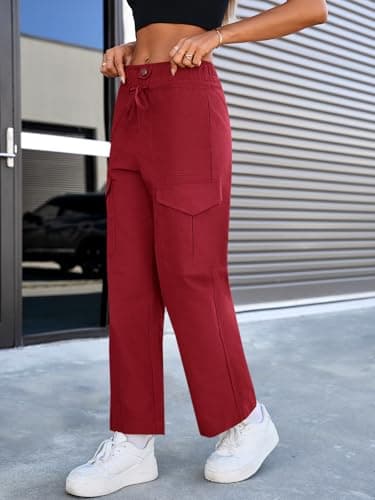 Cicy Bell Womens Cotton Cargo Pants Low Rise Drawstring Waist Wide Leg Casual Hiking Pants with Multiple Pockets Burgundy - Thumbnail 2