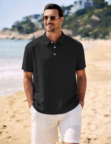 Eisctnd Men's Polo Shirts Short Sleeve Linen Blend Golf Collared T-Shirt for Summer Wedding Beach Vacation Business Casual(Black-XL) - Thumbnail 2
