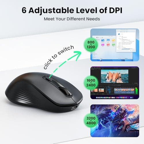 TECKNET Rechargeable Bluetooth Mouse, [ USB + BT5.0 + BT3.0 ] Wireless Mouse, Ergonomic Design, Silent Click, 6-Level 4800 DPI Wireless Mice, 3-Device Switching for Laptop, Computer, MacBook（Black） - Thumbnail 5