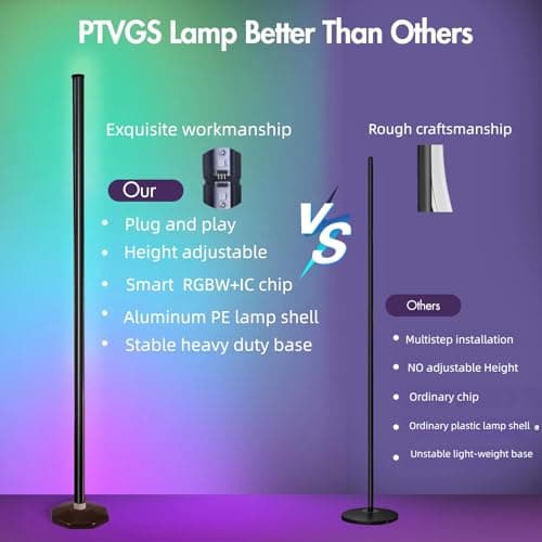 PTVGS LED RGB Corner Lamp: Smart RGB LED Corner Floor Lamp Adjustable Height with 16 Millon RGBWIC Color Changing Lights 300+ Scene,Music Sync&Timer,Ambient Lighting for Living Room,Bedroom,Game Room - Thumbnail 3