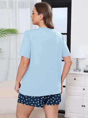 AusLook Plus Size Pajama Set for Women 2 Piece V Neck Short Sleeve Loungewear 2X Set with Pajama Printed Shorts Summer Sleepwear Loose Fit 1X-5X - Thumbnail 6