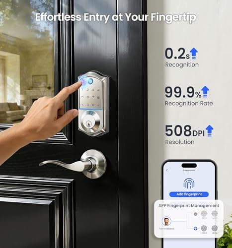 Veise VE017-L Fingerprint Smart Lock with Lever Handles, App Control, Keyless Entry Front Door Lock Set, Electronic Digital Keypad Deadbolt, Remote Grant, Emergency Power Port, Auto Lock, Satin Nickel - Thumbnail 6