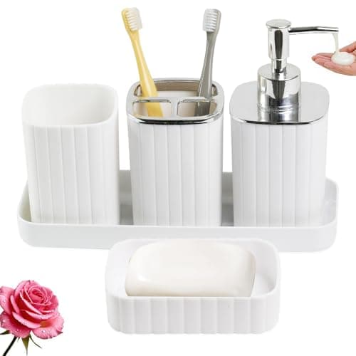 Bathroom Accessories Set 5pcs- Bathroom Set, Plastic Bathroom Accessory Sets with Lotion Soap Dispenser, Soap Dish, Toothbrush Holder, Toothbrush Cup, Vanity Tray, Boho, Modern Bathroom Decor, White - Image 1