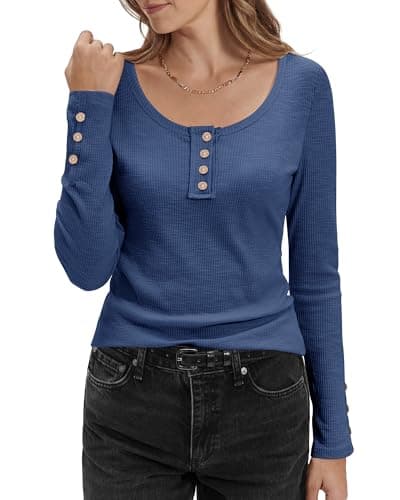 Stelle Scoop Neck Long Sleeve Tops for Women Henley Ribbed Knit Casual Shirts Button Fashion Clothing Denim X-Small - Image 1
