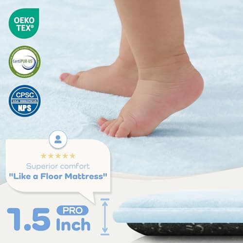 PAPAMAT 1.5" Thick Baby Play Mat for Floor, 50x50 Playpen Mat, Pro Soft Flannel Foam Mats Toddler Infant Kids Crawling for Nursery Rug Playroom Living Room Waterproof Easy Care Non-Slip (Baby Blue) - Thumbnail 2