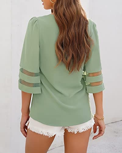 LookbookStore Women's V Neck Floral Print Mesh Panel Blouse 3/4 Bell Sleeve Loose Summer Top Shirt Cameo Green Size XXX-Large Size 24 Size 26 - Thumbnail 2