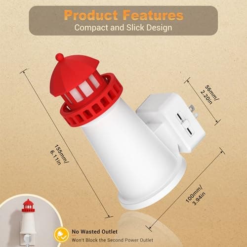 JandCase Night Lights Plug into Wall,3D Printed Beacon Night Light,3000K Plug in Nightlight with Dusk to Dawn Sensor,0-100LM Adjustable Brightness for Rooms Bathroom Hallway - Thumbnail 4