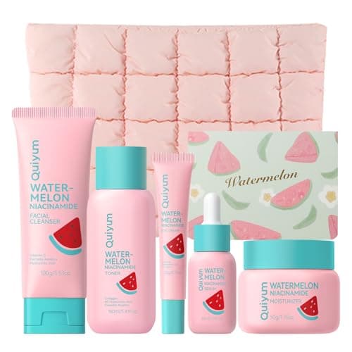 QUIYUM Watermelon & Niacinamide Skincare Heroes (5-Pieces), Beauty Skin Care Gift Set with Cleanser, Toner, Eye Cream, Moisturizer, Serum, Facial Juicy Glow Up Set with Makeup Bag, for All Skin Types - Image 1
