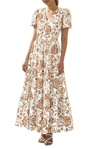 BTFBM Womens Summer Dresses 2026 V Neck Hollow Out Eyelet A Line Flowy Boho Beach Vacation Wedding Guest Maxi Dress(Floral White Khaki, Medium) - Image 1