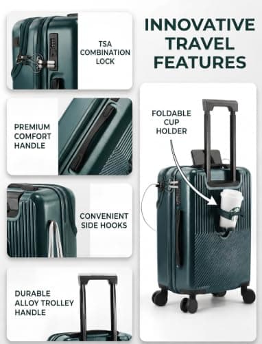 Aivens 20 Inch Carryon Suitcase with Wheels & Cup Holder, Lightweight Hardshell Travel Luggage with TSA Lock, Portable Carry On Luggage for Short Trips (Green) - Thumbnail 5