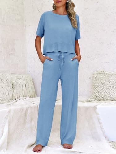 Fisoew Womens 2 Piece Outfits Sweater Sets Knit Split Crop Tops High Waisted Pants Lounge Set - Thumbnail 2