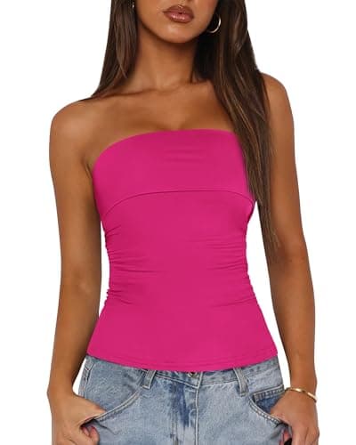 BTFBM Womens Strapless Tube Tops Spring Summer Clothes 2026 Trendy Casual Ruched Stretchy Going Out Bodycon Bandeau Top(Rose Red, Medium) - Image 1