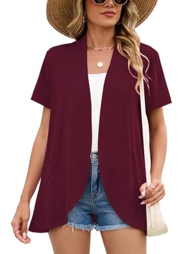 DEARCASE Women's Short Sleeve Shrugs Burgundy X-Large V-Neck Lightweight Soft Open Front Cropped Cardigan Summer Sheer Shawl Spring Fall Bolero Draped SpringCardigans Casual Duster Cover up - Image 1